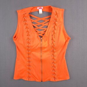 Lydia USA Womens Plus 3XL Orange Lace Up Front Back Zip Sleeveless Vest Top